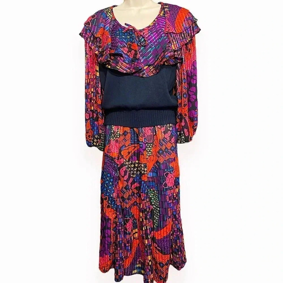 Vintage Anthony Sicari Midi Skirt & Top Set Pleated Modest 80s Secretary - Picture 1 of 13